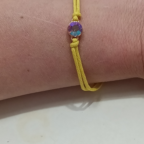 Pink Crystal Centered Yellow Nylon Bracelet Glass Stone Corded Rope Band - Picture 2 of 8